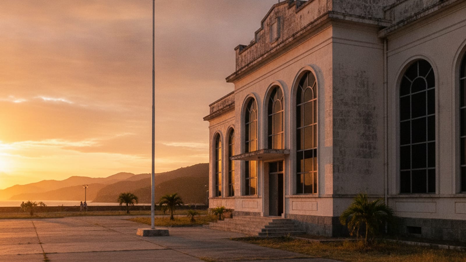 A civic government building in Dili at golden hour