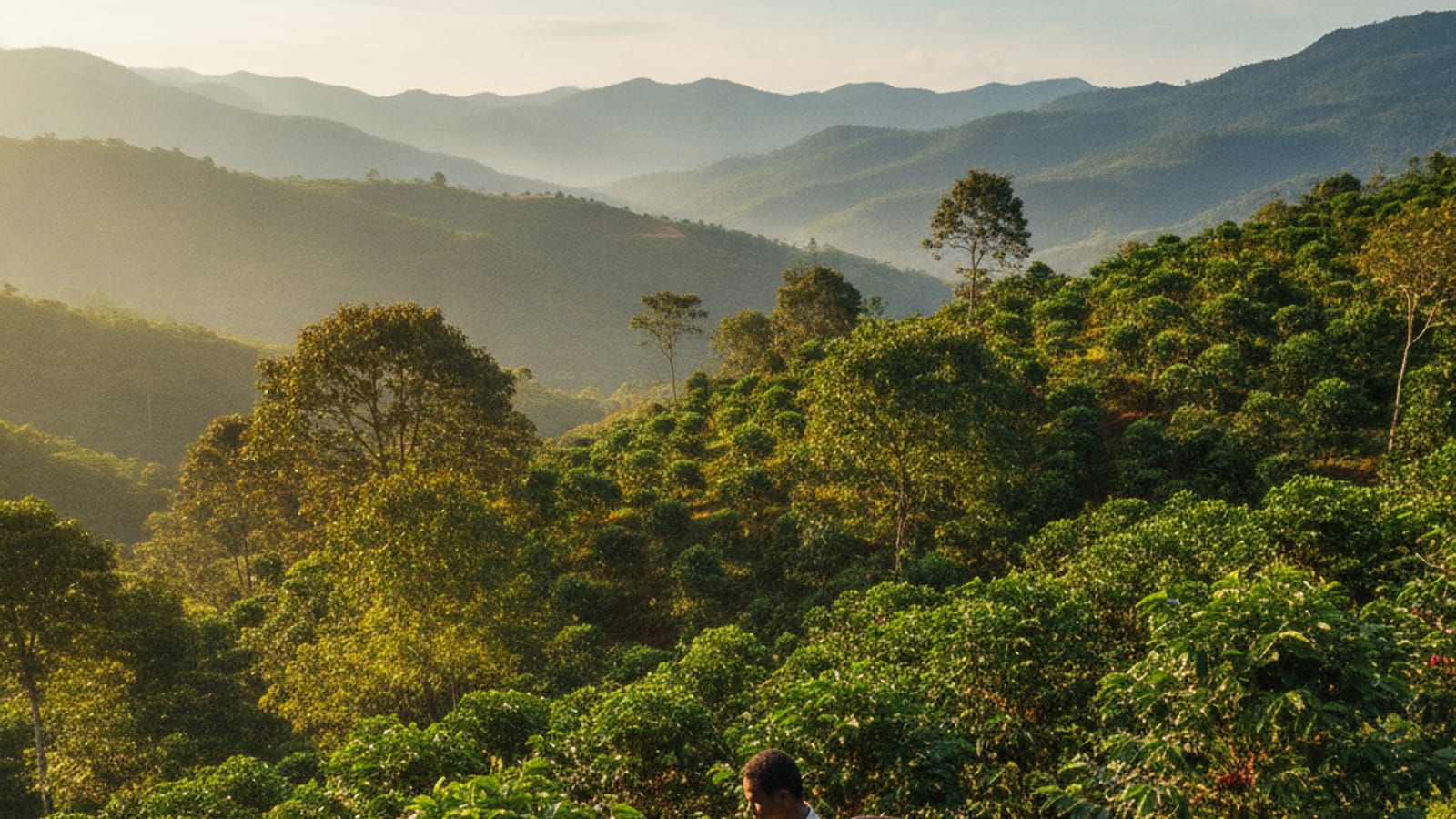 A Timorese coffee farmer harvesting coffee cherries in a mountain plantation.