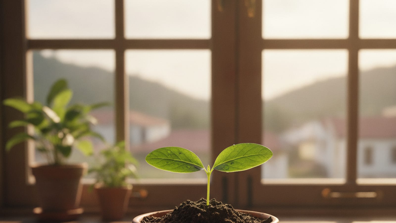 A green seedling growing in a pot on a desk by a window