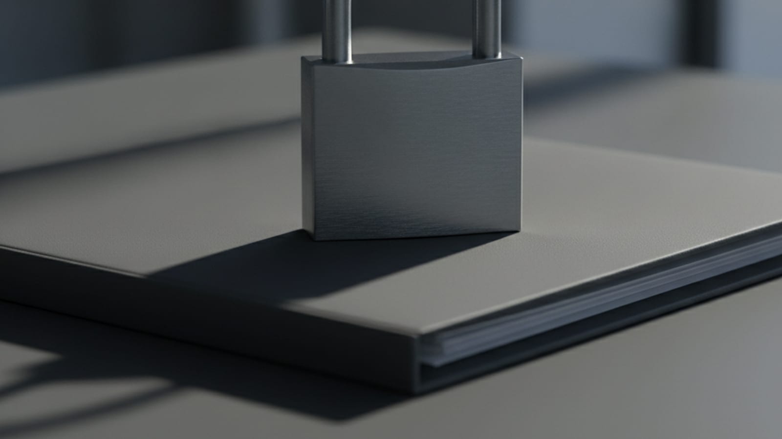 A metal padlock resting on a closed document folder