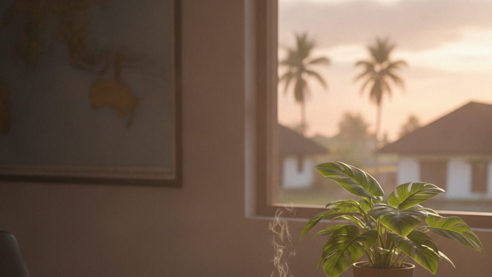 Warm light over a tidy desk with a laptop, a plant and a coffee