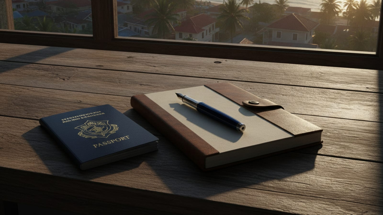A passport, a notebook and a pen on a table beside a window over Dili