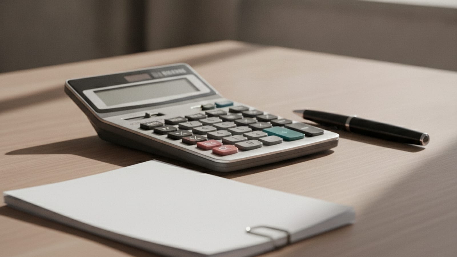A calculator, pen and paper documents on a desk under soft light