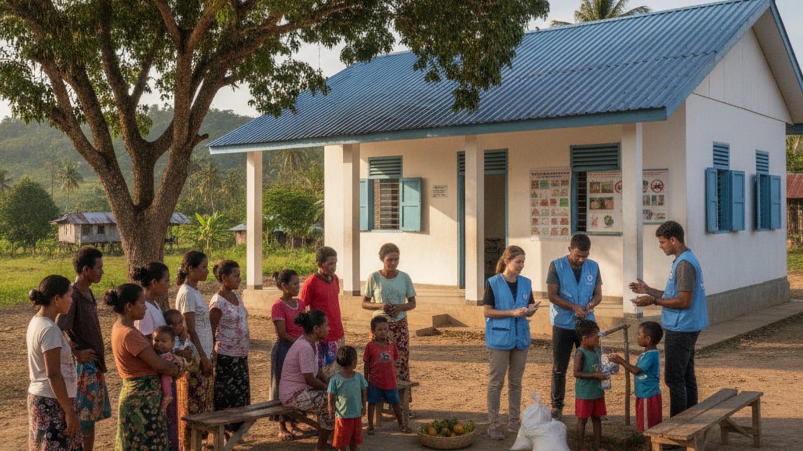 A rural health post in Baucau, Timor-Leste, with people receiving basic healthcare services from local health promoters.
