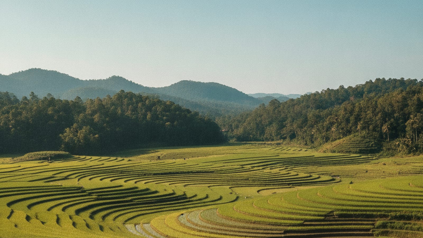 Green rice paddies in Bobonaro, Timor-Leste, under a clear sky, with farmers working in the distance.
