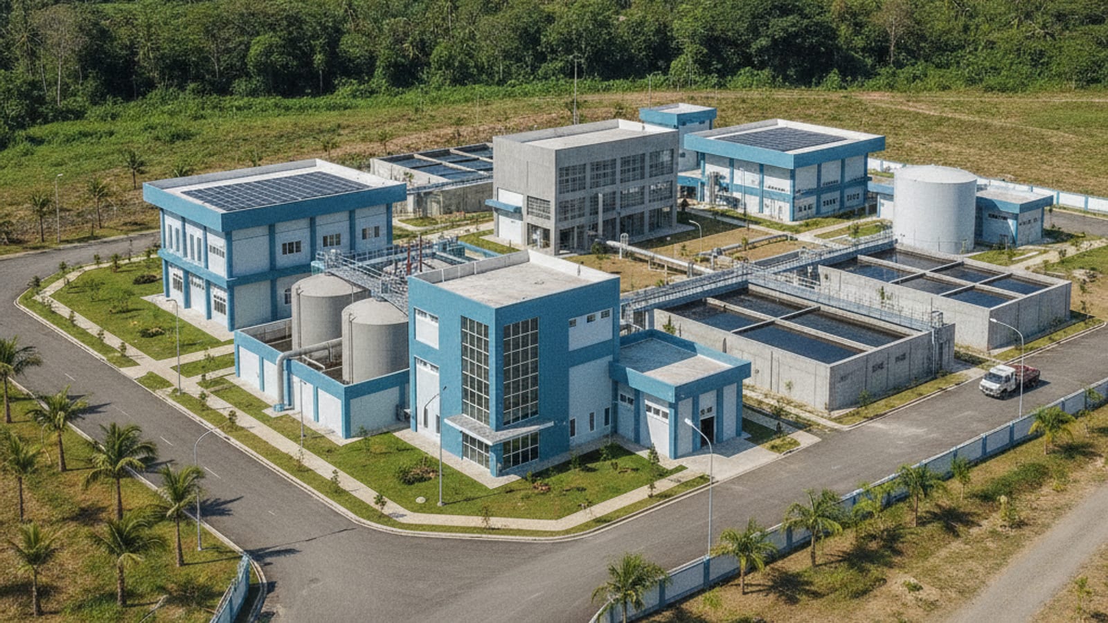 A modern water treatment facility in Dili, Timor-Leste, symbolizing progress in infrastructure.