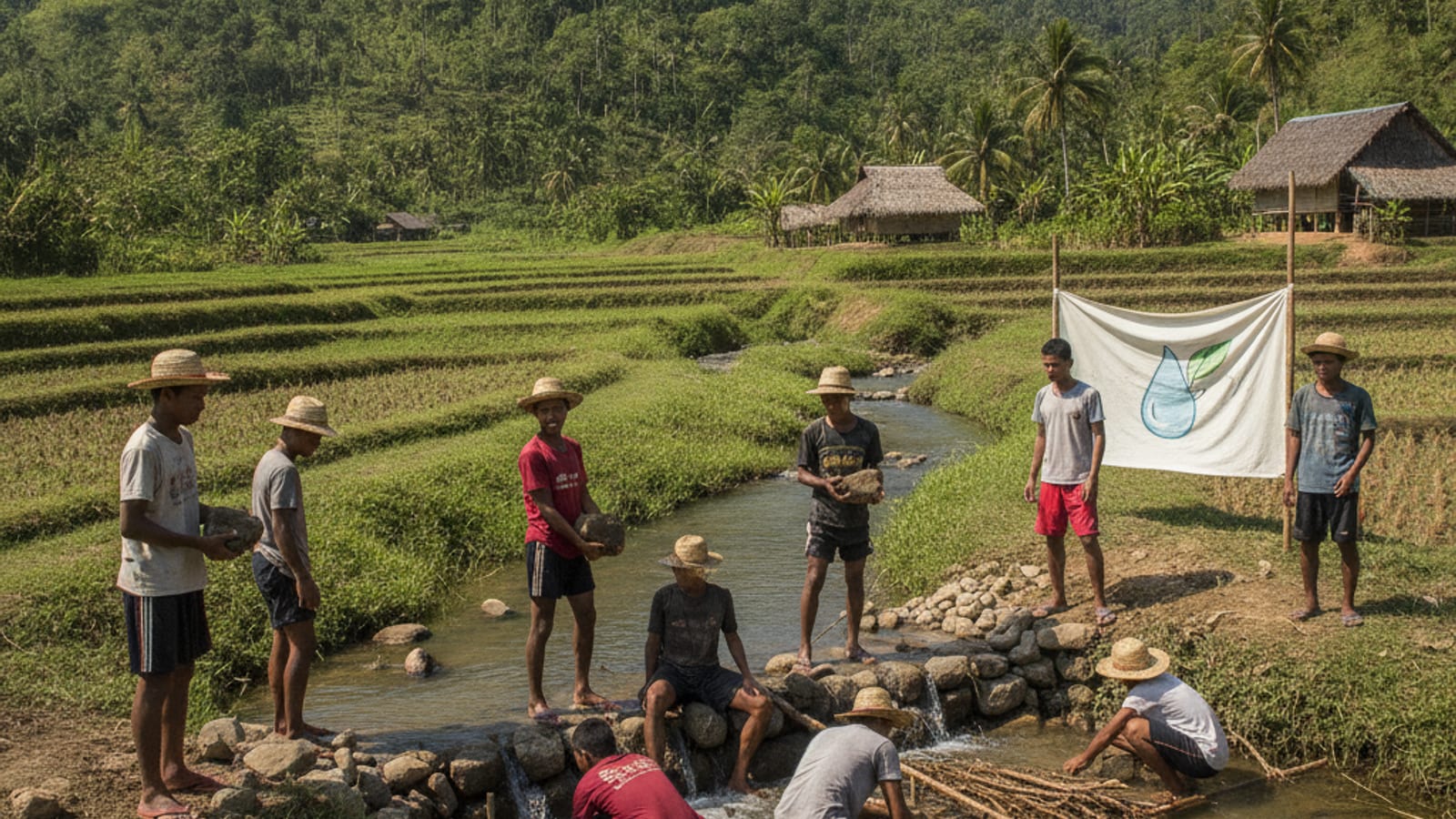 Youth at an eco-camp in Viqueque, Timor-Leste, learning about water conservation and permaculture techniques in a rural setting.