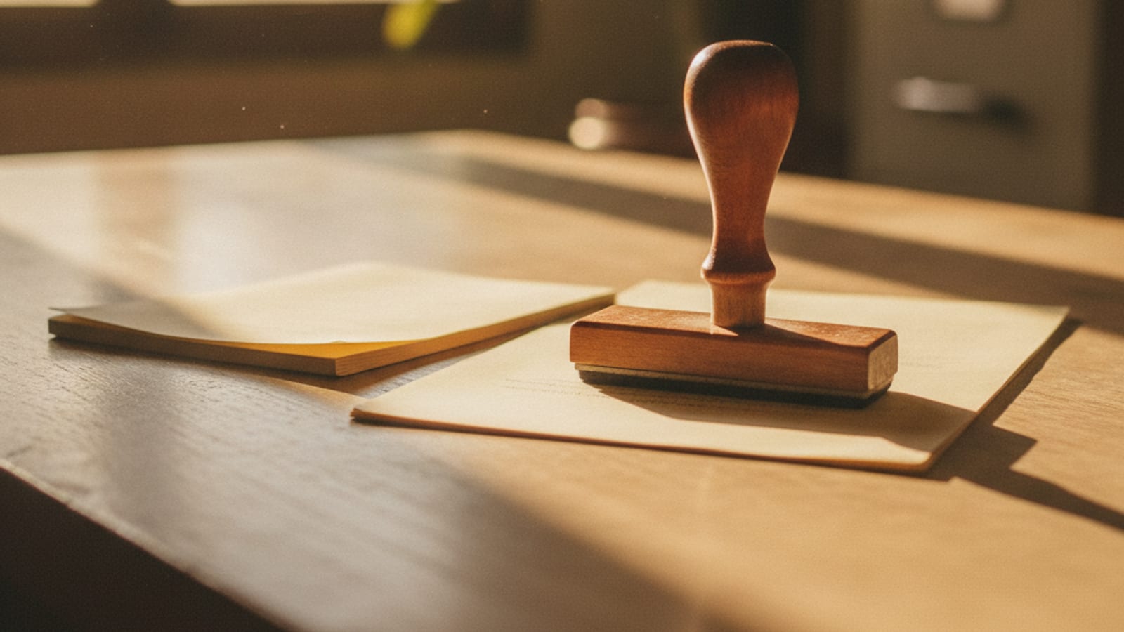 A rubber stamp and blank paper documents on a desk