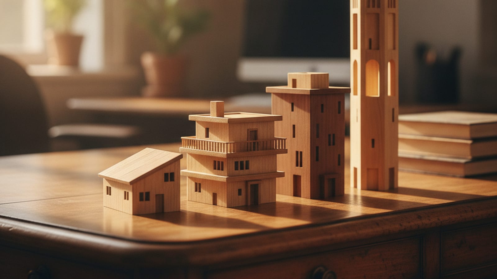 Small wooden model buildings of different sizes on a desk