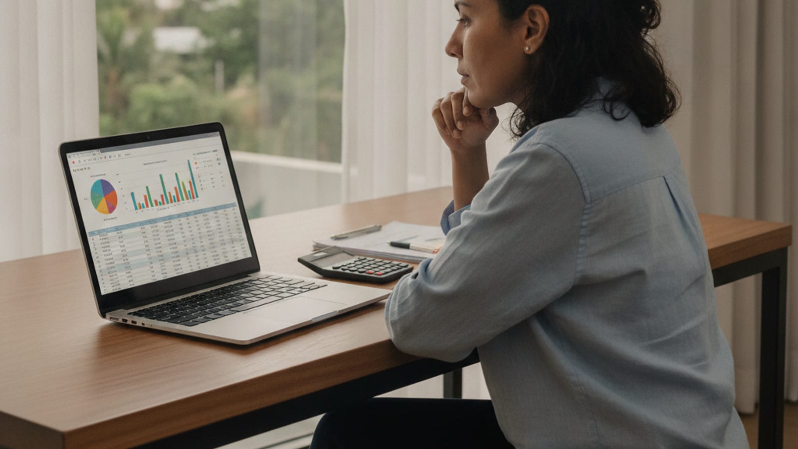 A person in Dili reviewing financial statements on a laptop, symbolizing business accounting decisions.