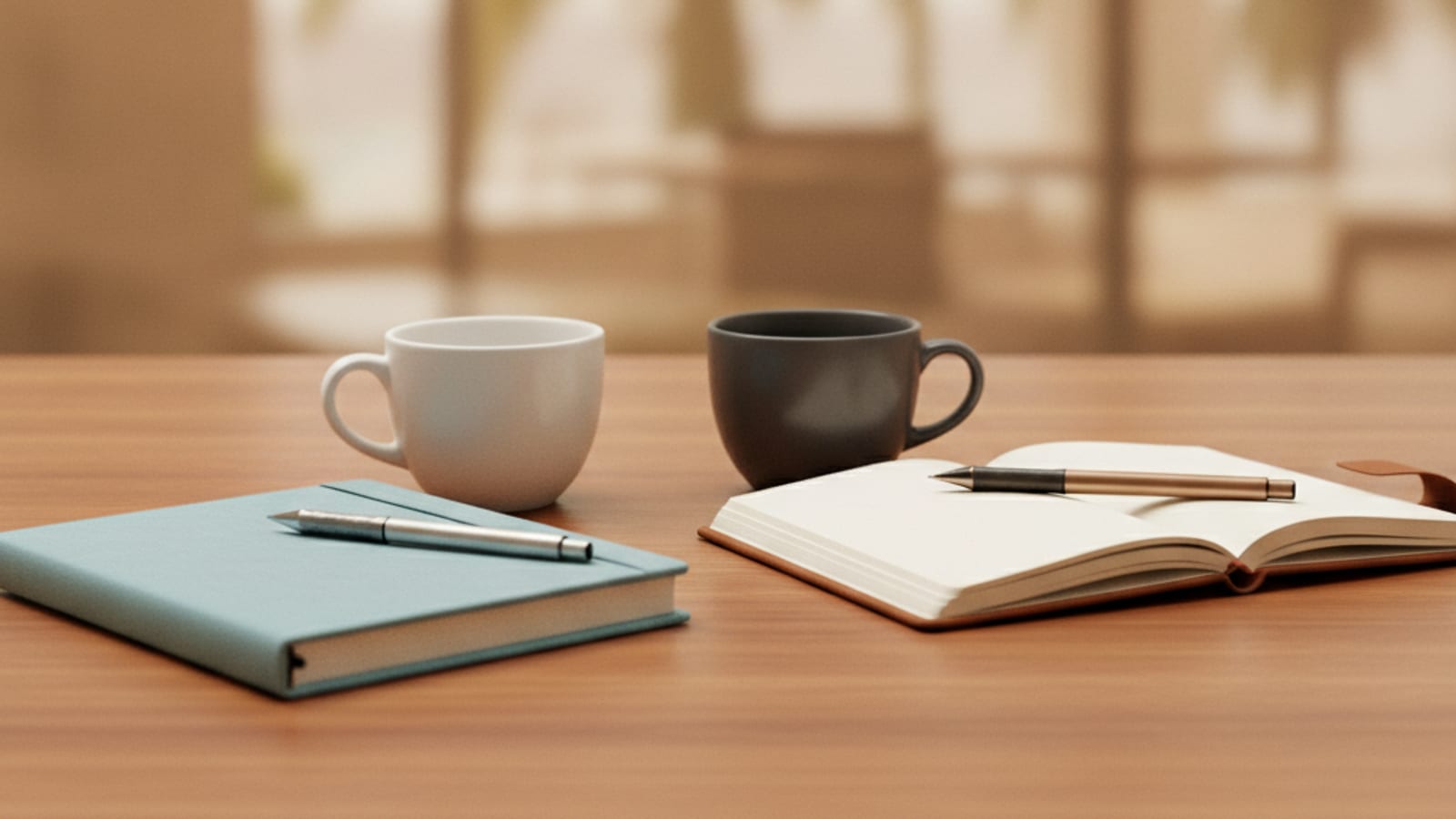 Two coffee cups and two open notebooks side by side, suggesting a comparison