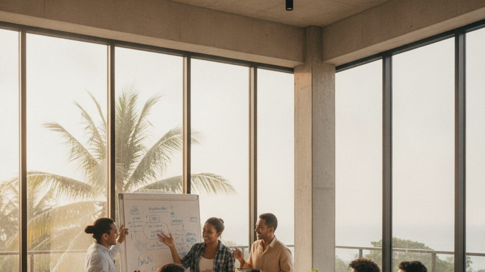 Young Timorese entrepreneurs collaborating in a co-working space.