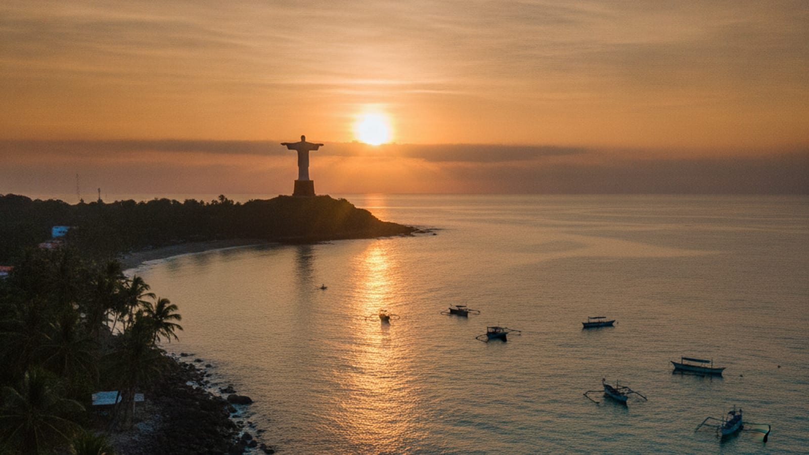 Sunrise over Dili Bay with the Cristo Rei statue visible in the distance, representing Timor-Leste's global connections.