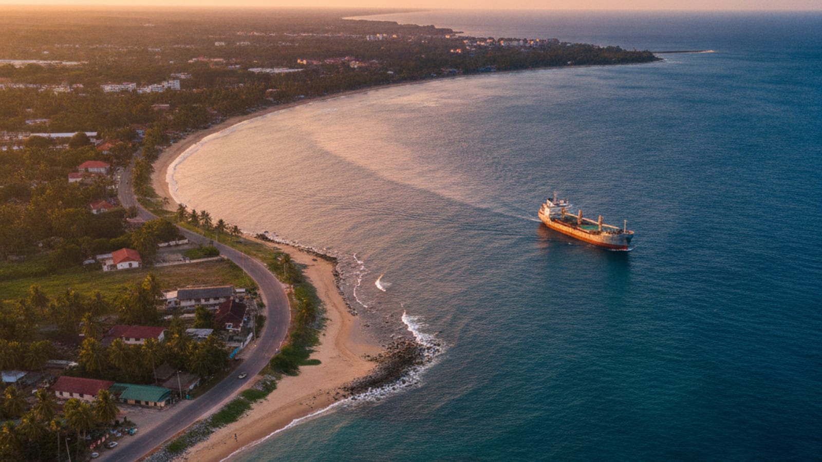 An aerial view of the Dili coastline meeting the sea at golden hour