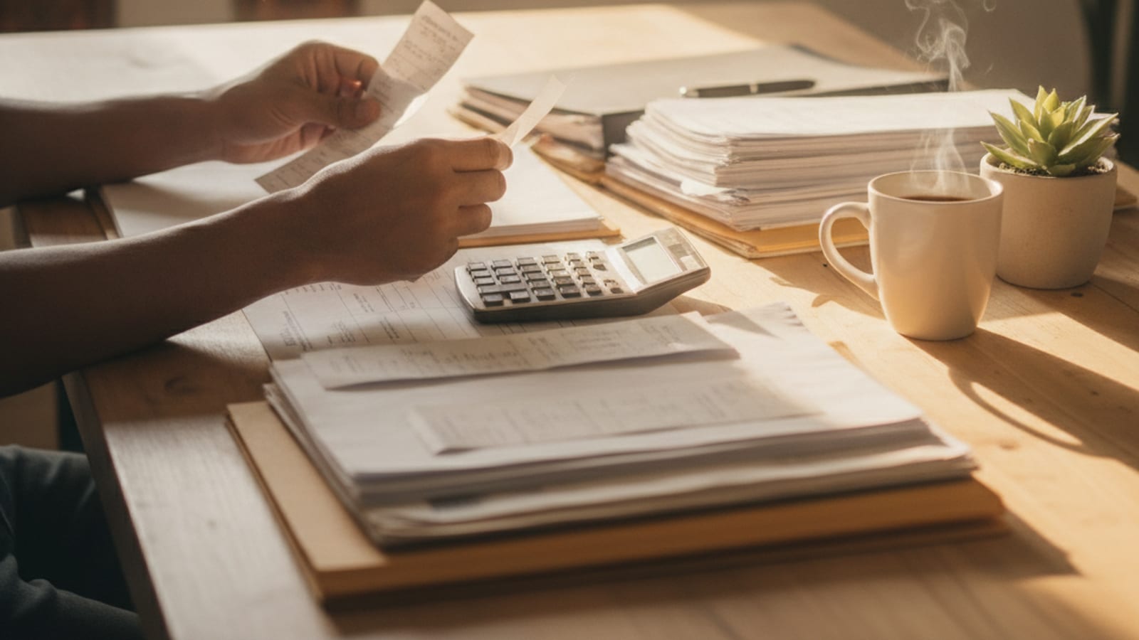 A business owner organising receipts and paperwork at a desk