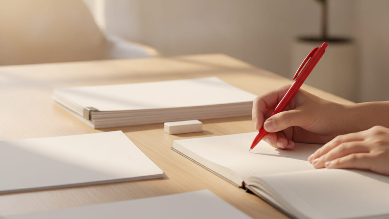 A desk with paperwork, a red pen and an eraser