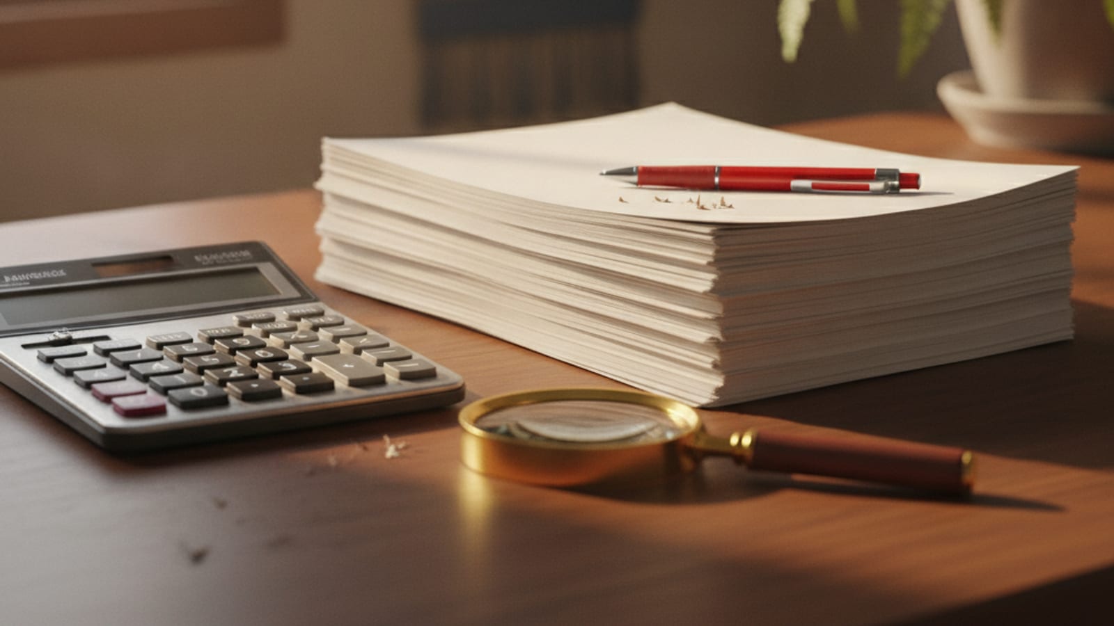A calculator and a stack of paper forms on a desk
