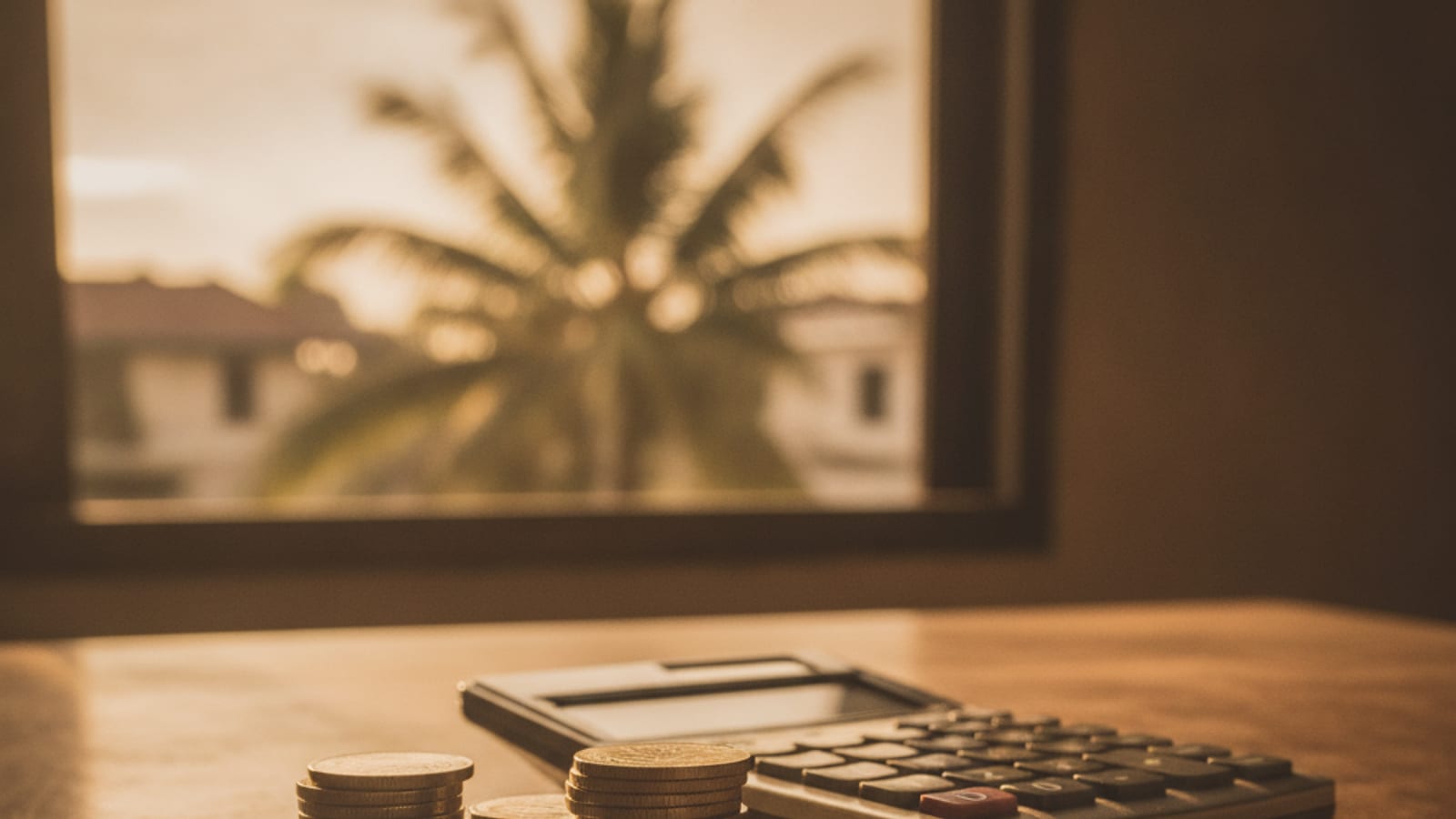 A stack of coins and a calculator on a desk