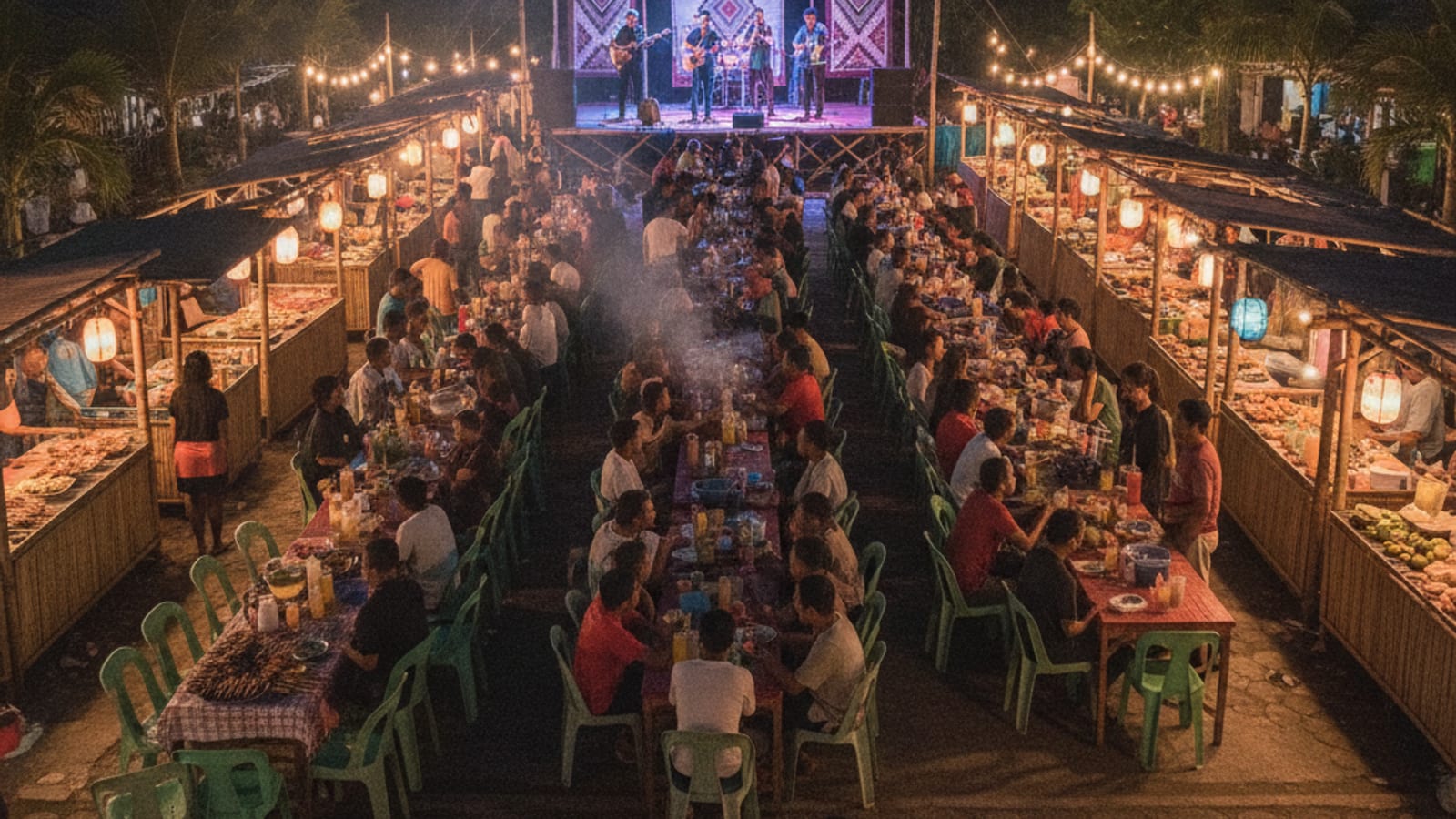 A vibrant night market in Dili with a band performing, attracting a diverse crowd.