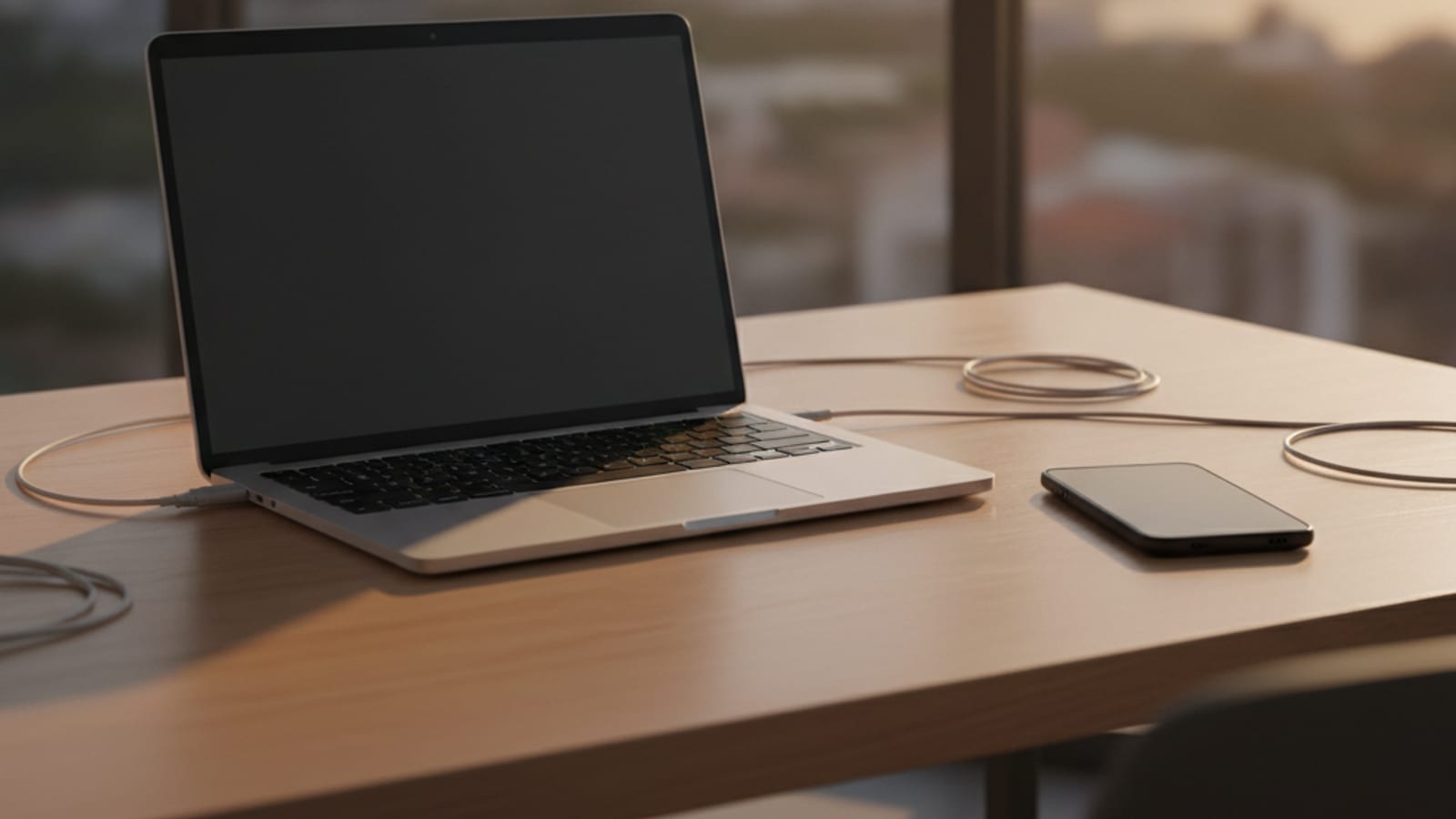 A laptop and smartphone on a desk with a blurred Dili cityscape