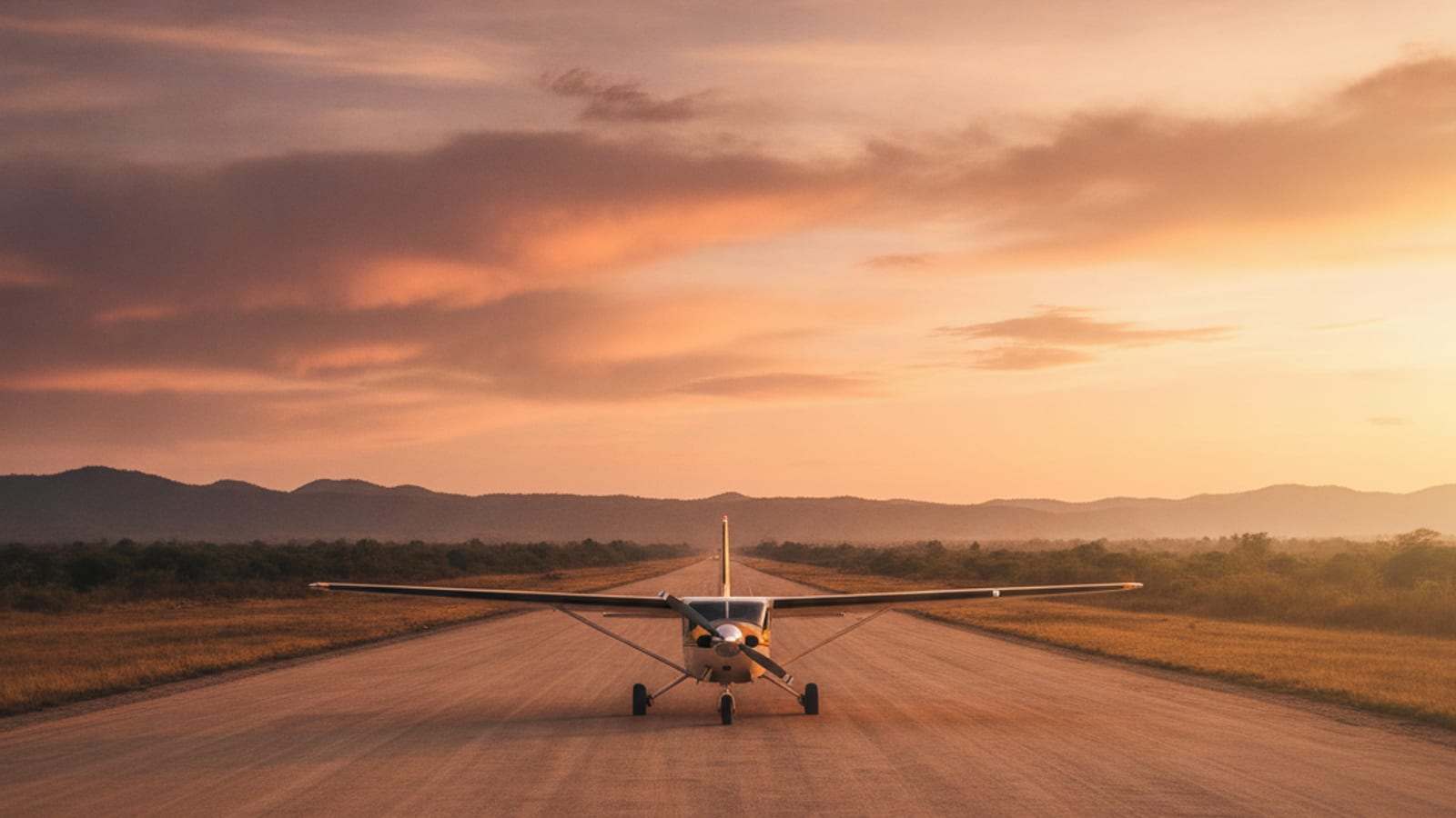 A runway with a small aircraft at golden hour
