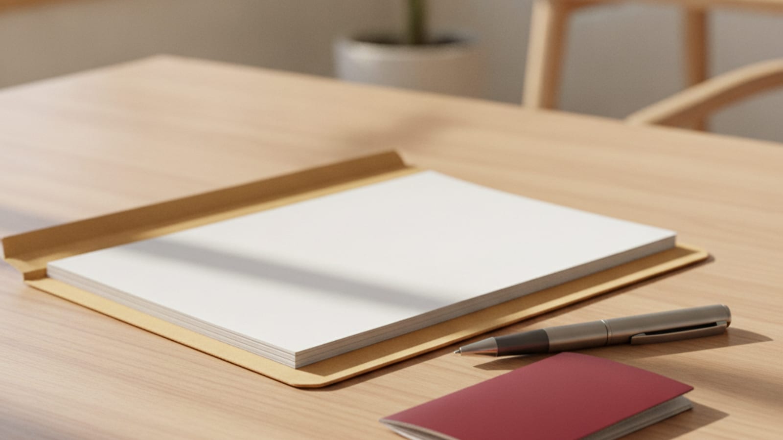 A folder of documents, a passport and a pen on a desk