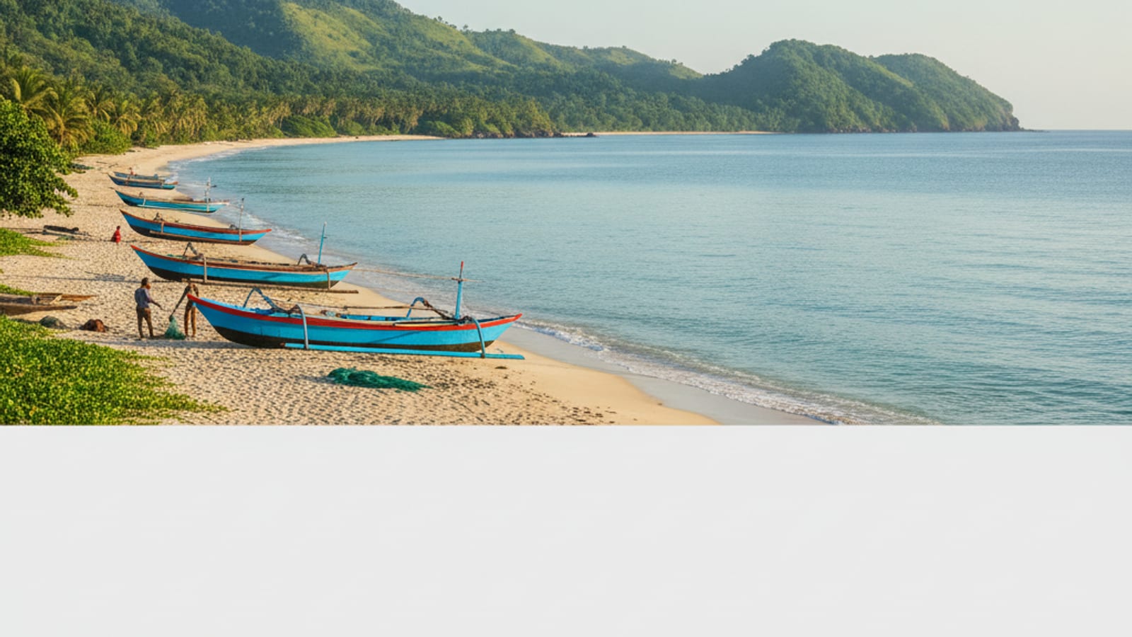 Timor-Leste coastline with fishing boats and green hills, representing the country's natural environment.