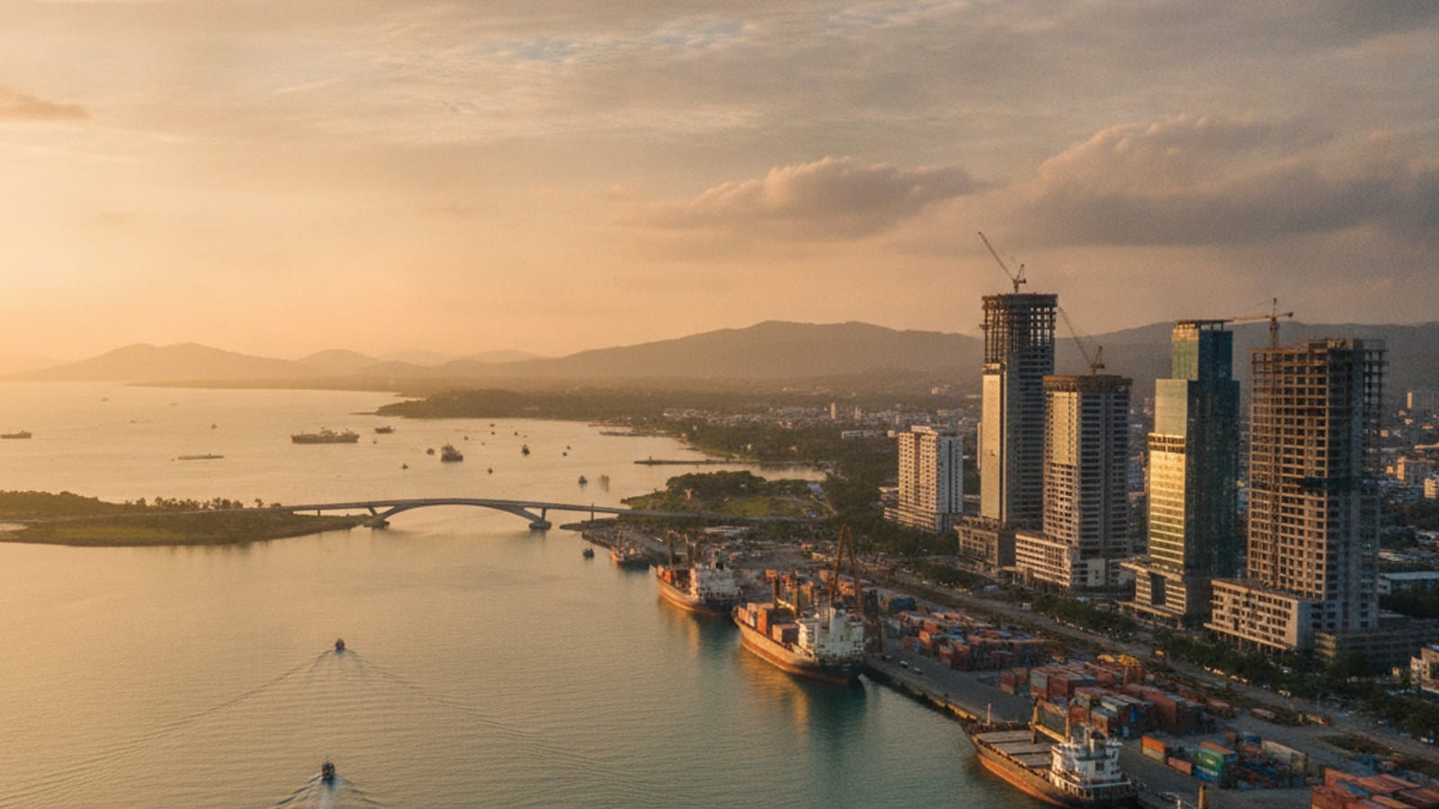 Dili harbour and its growing skyline at golden hour
