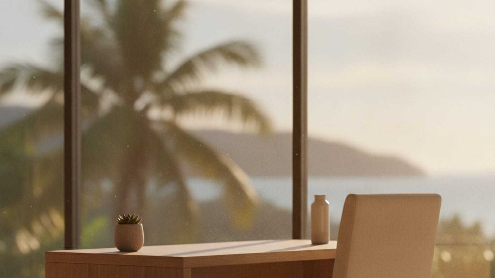 An empty tidy desk and chair beside a window in a calm office