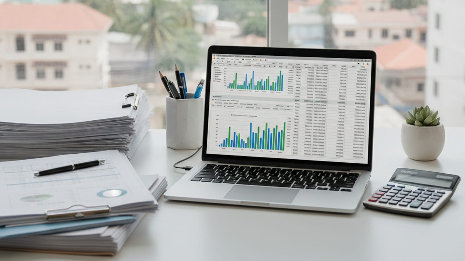 An organized office desk in Dili with payroll documents and a laptop, symbolizing accurate and confidential financial management.