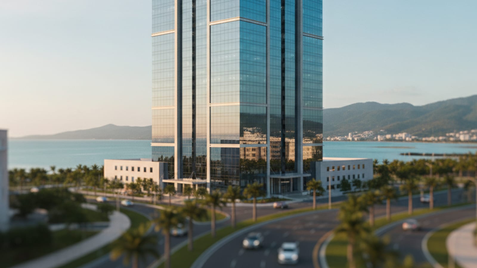 A modern glass office tower under a clear sky in Dili