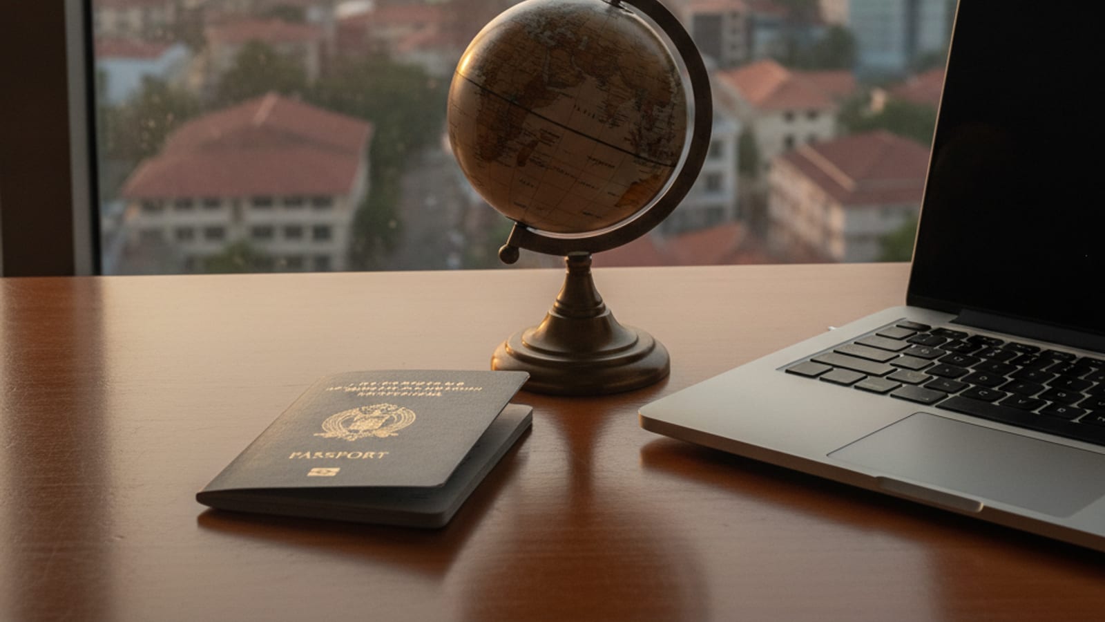 A passport and a desk globe by a window over Dili