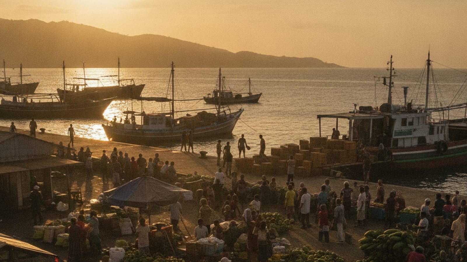 A busy Dili harbour and market at golden hour
