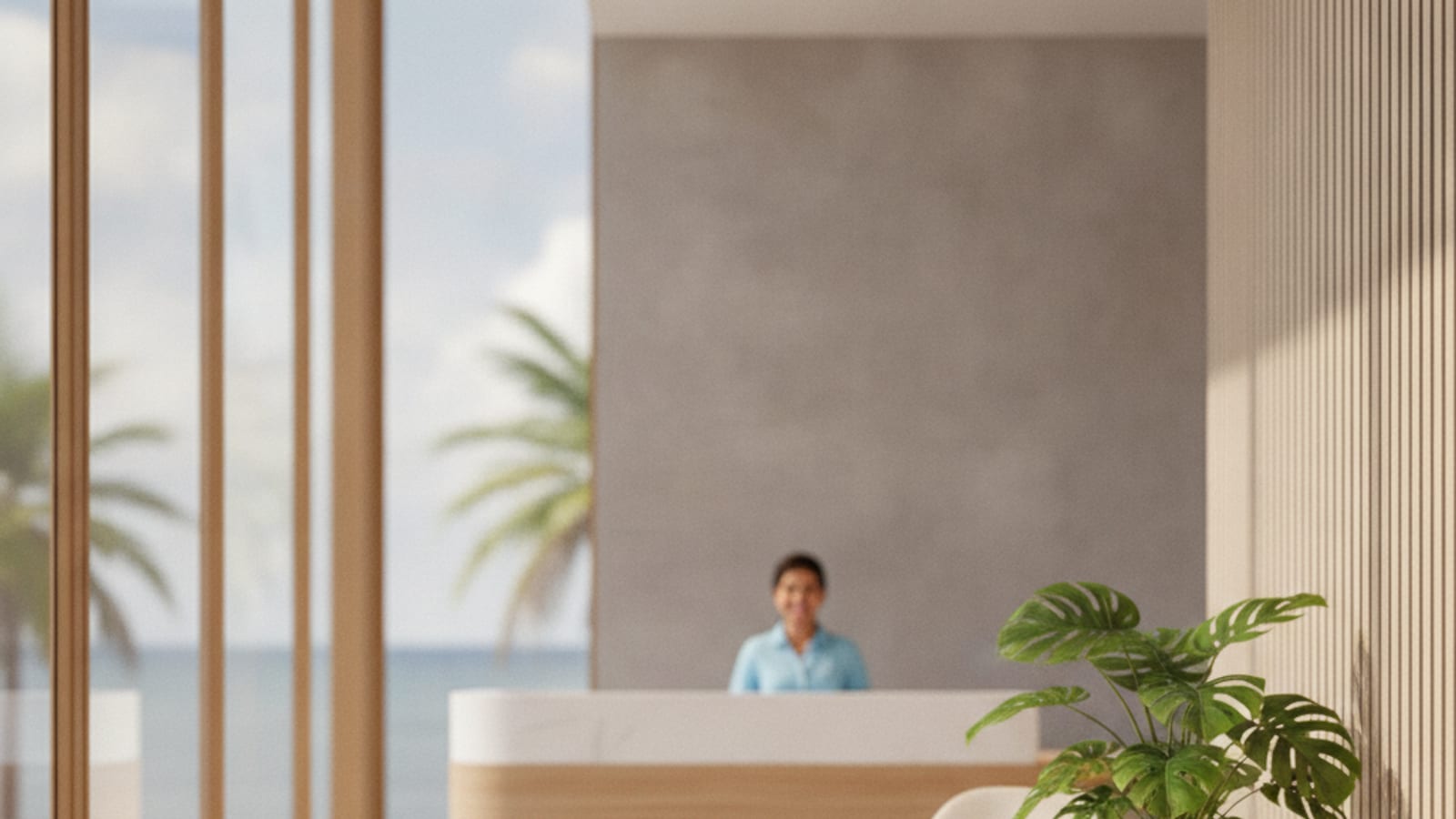 A welcoming modern office reception with chairs and a plant