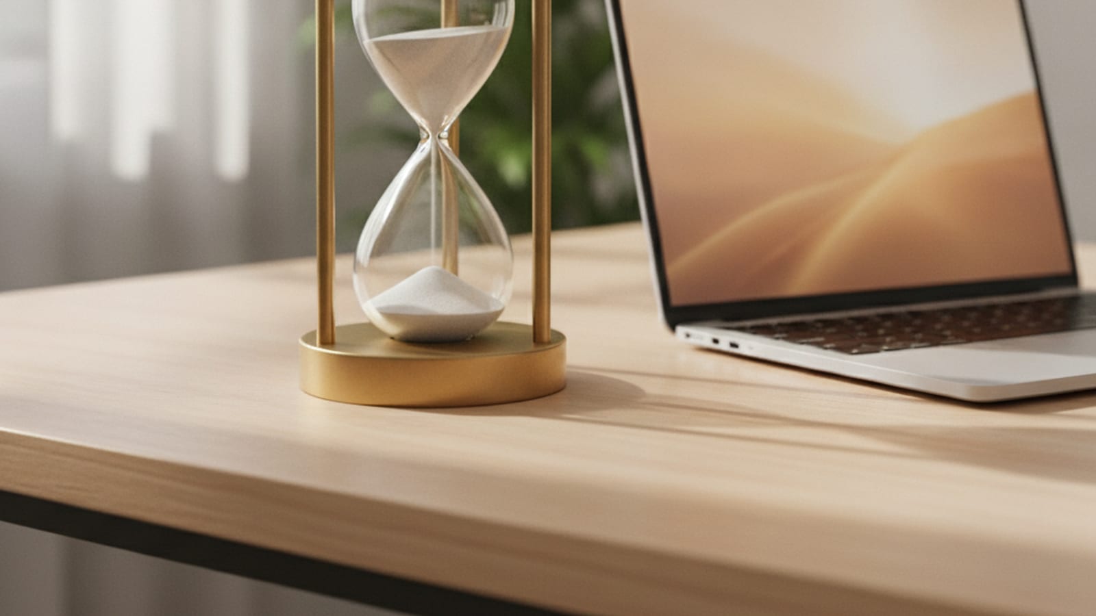 An hourglass on a desk beside a laptop