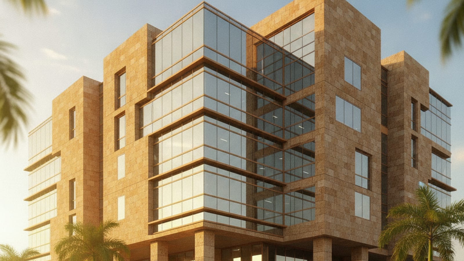 A modern glass office building facade in warm Dili daylight