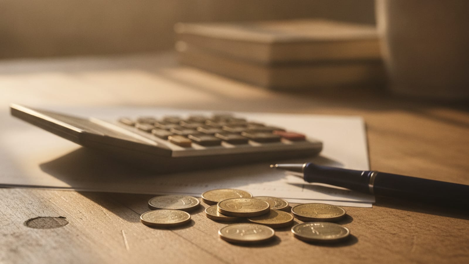 A calculator, a pen and a few coins on a wooden desk