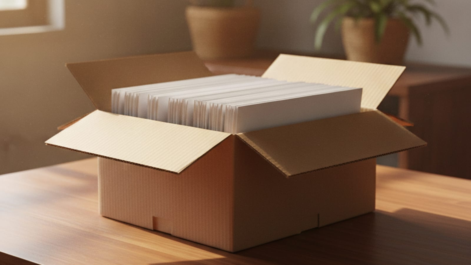 An archive box of neatly filed documents on a desk