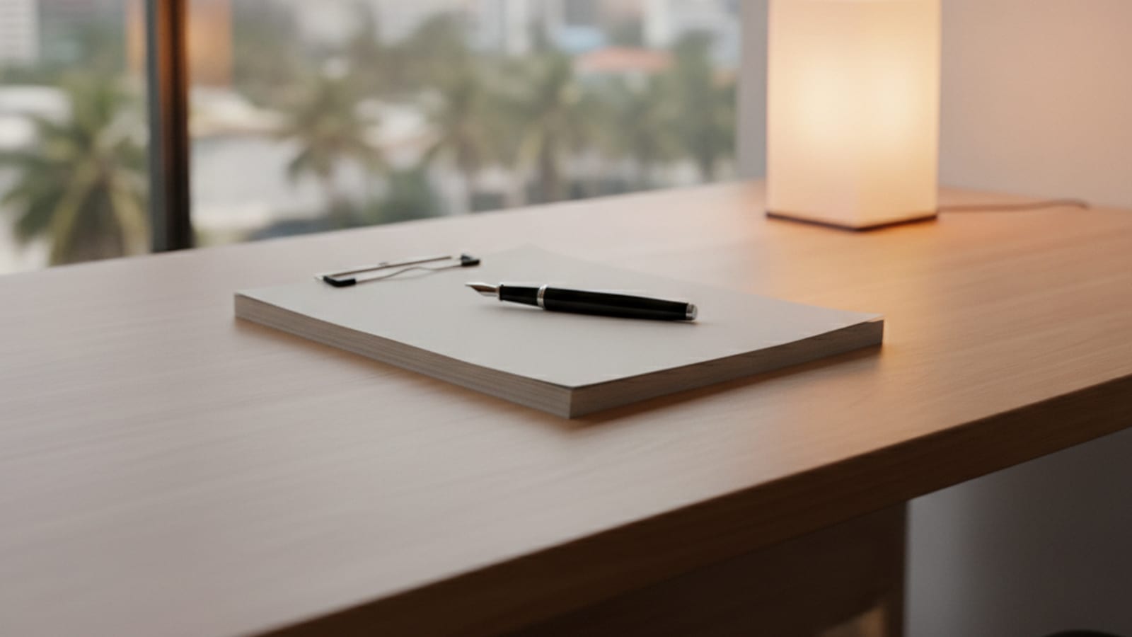 A clean desk with documents and a fountain pen