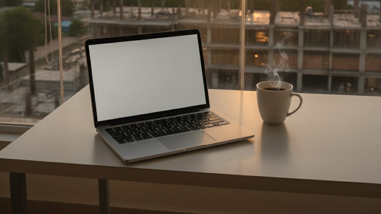 A clean desk with a laptop and coffee by a bright window over Dili