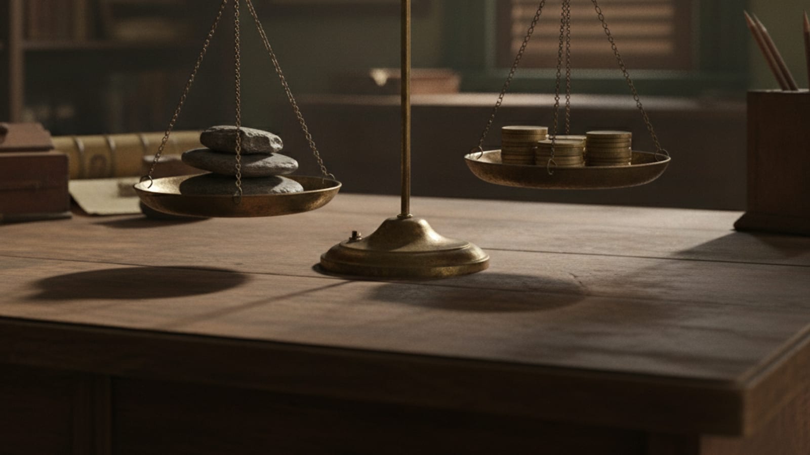 An old brass balance scale on a wooden desk in soft light