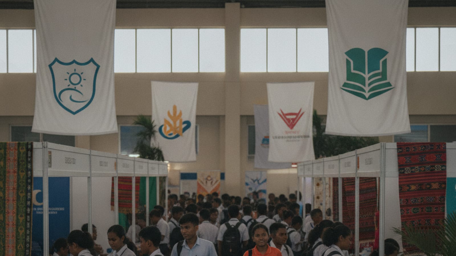 Timorese students interacting with university representatives at an education fair in Dili.