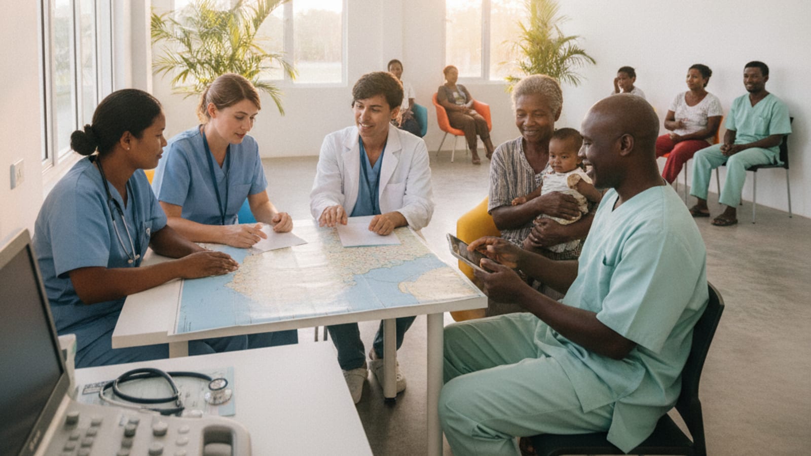 Healthcare professionals collaborating at a clinic in Dili, Timor-Leste, symbolizing international health cooperation.