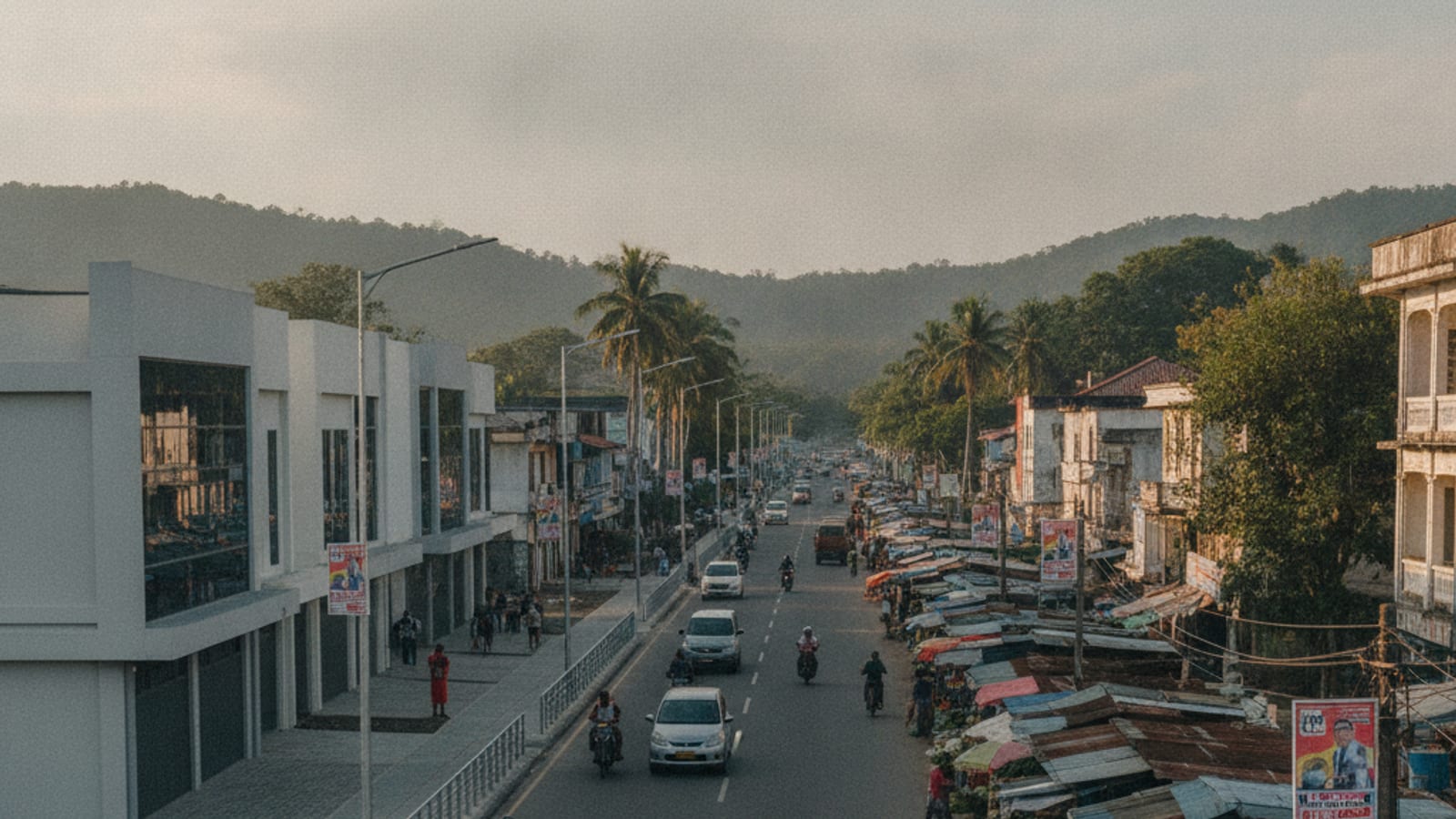 A bustling street in Dili with people and vehicles, with a blurred election poster visible in the distance, symbolising the upcoming presidential election.