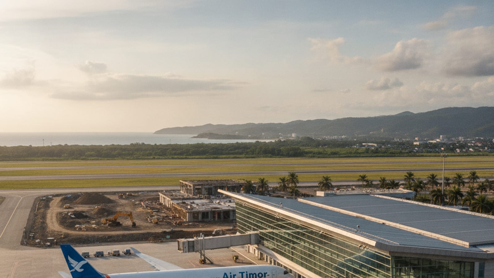 Modern Dili airport terminal with an airplane, showing ongoing development.