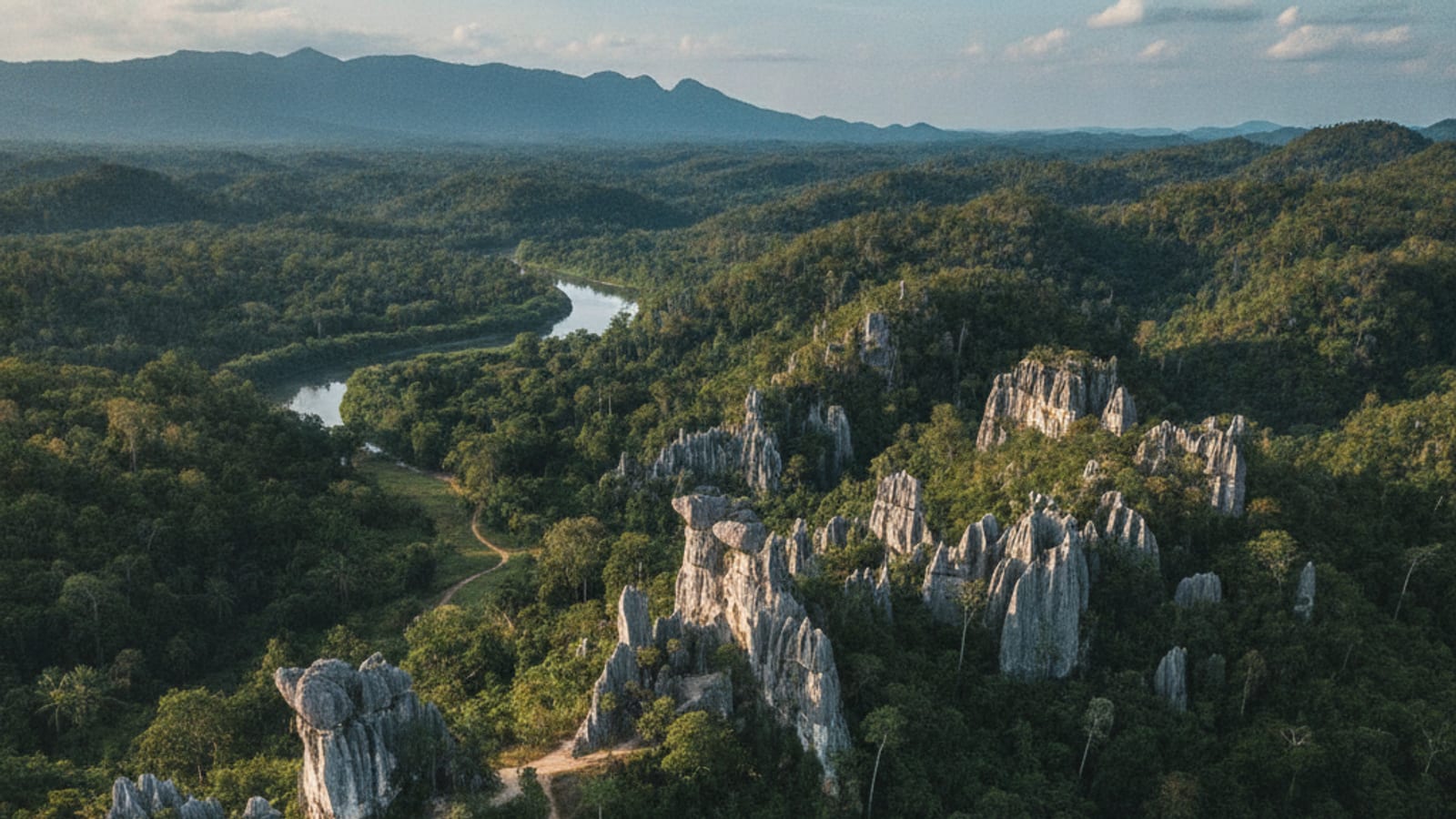 Scenic view of unique geological formations and green hills at Lesululi site in Bobonaro, Timor-Leste.