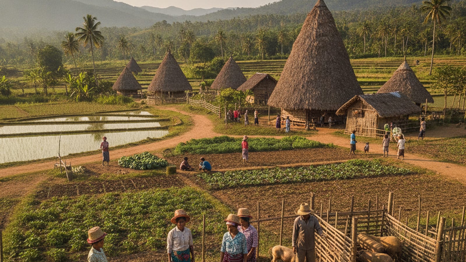 Community members in a rural Timorese village tending to chickens and pigs, surrounded by green fields and traditional homes.