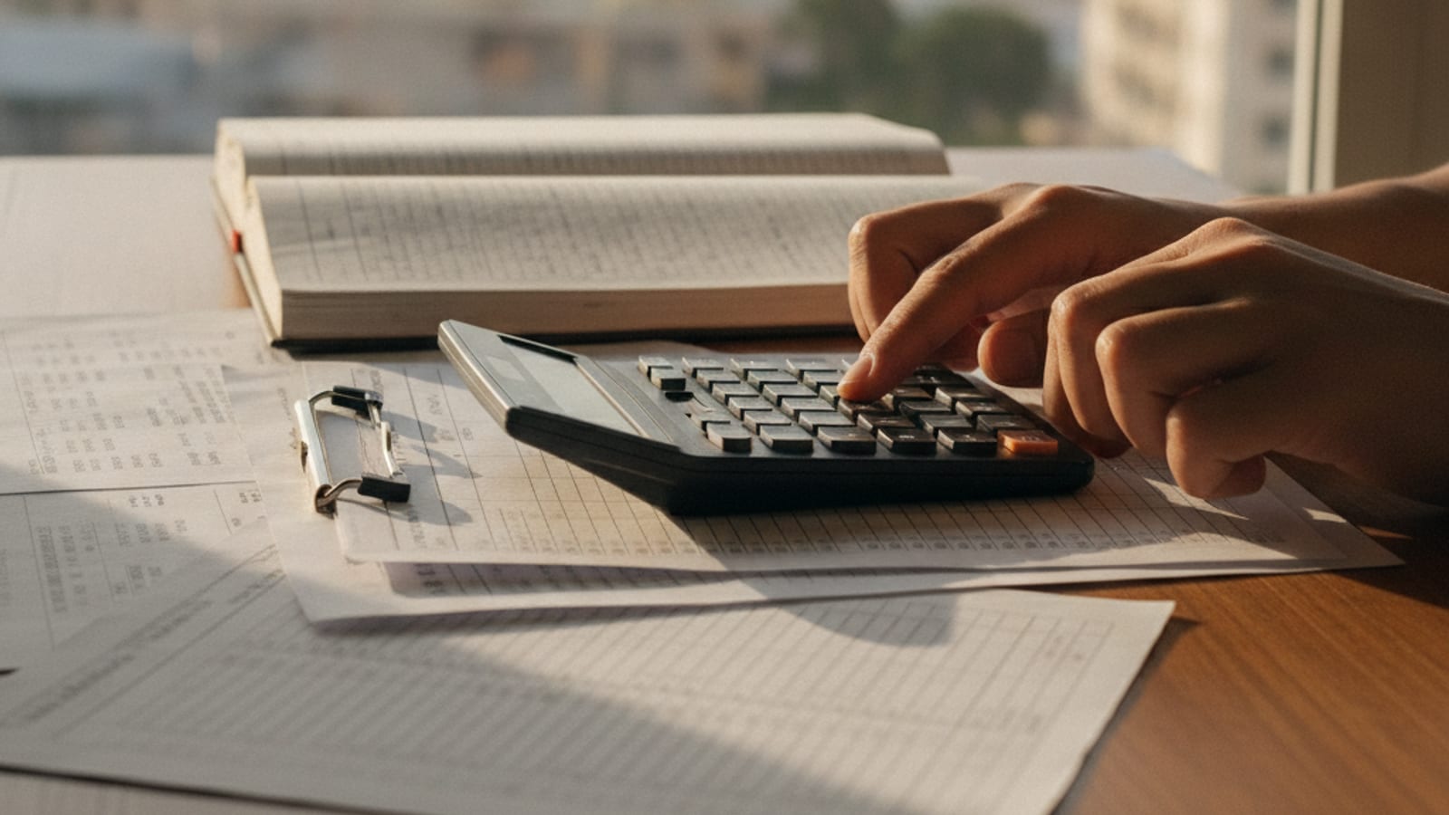 Hands reviewing bank statements and ledgers on a desk with Dili in the background.