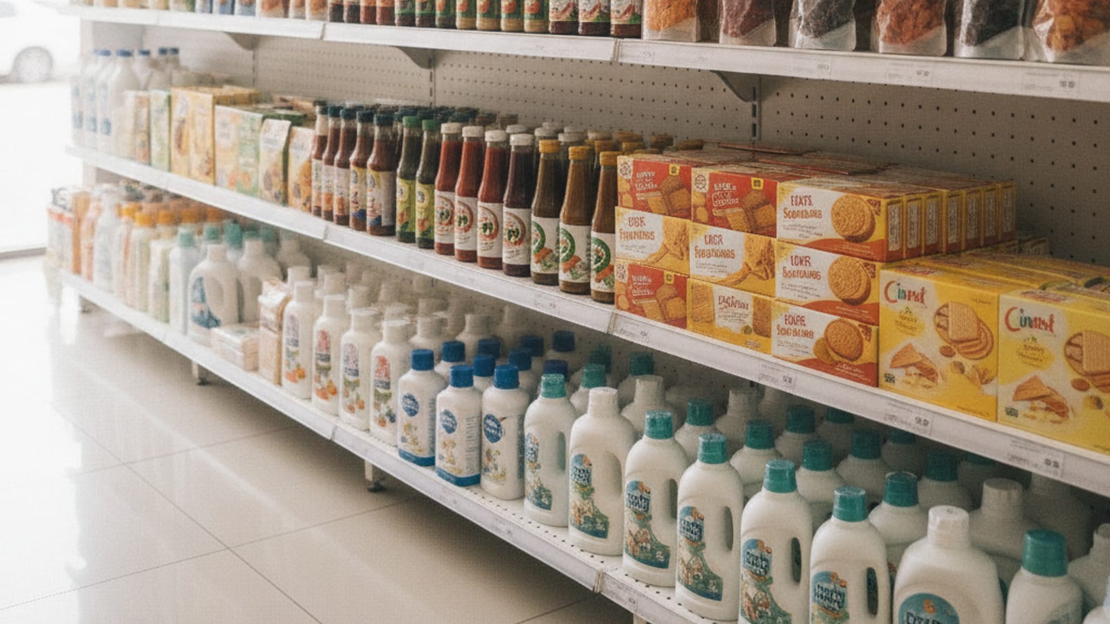 A neatly organized shelf in a Dili retail store, showcasing various products, symbolizing good inventory management.