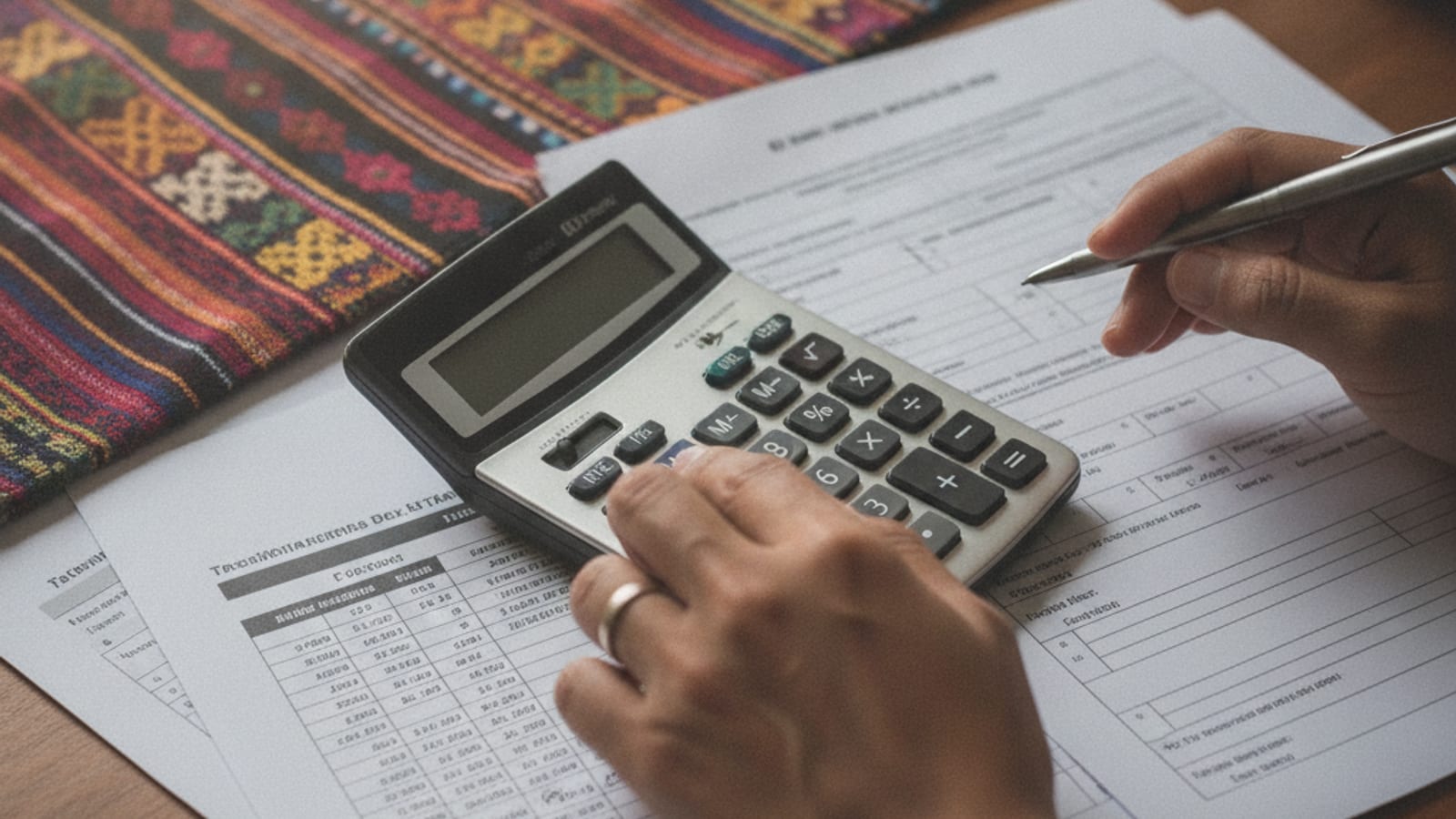 Hands reviewing financial documents and using a calculator on a desk with a subtle Timorese tais pattern.